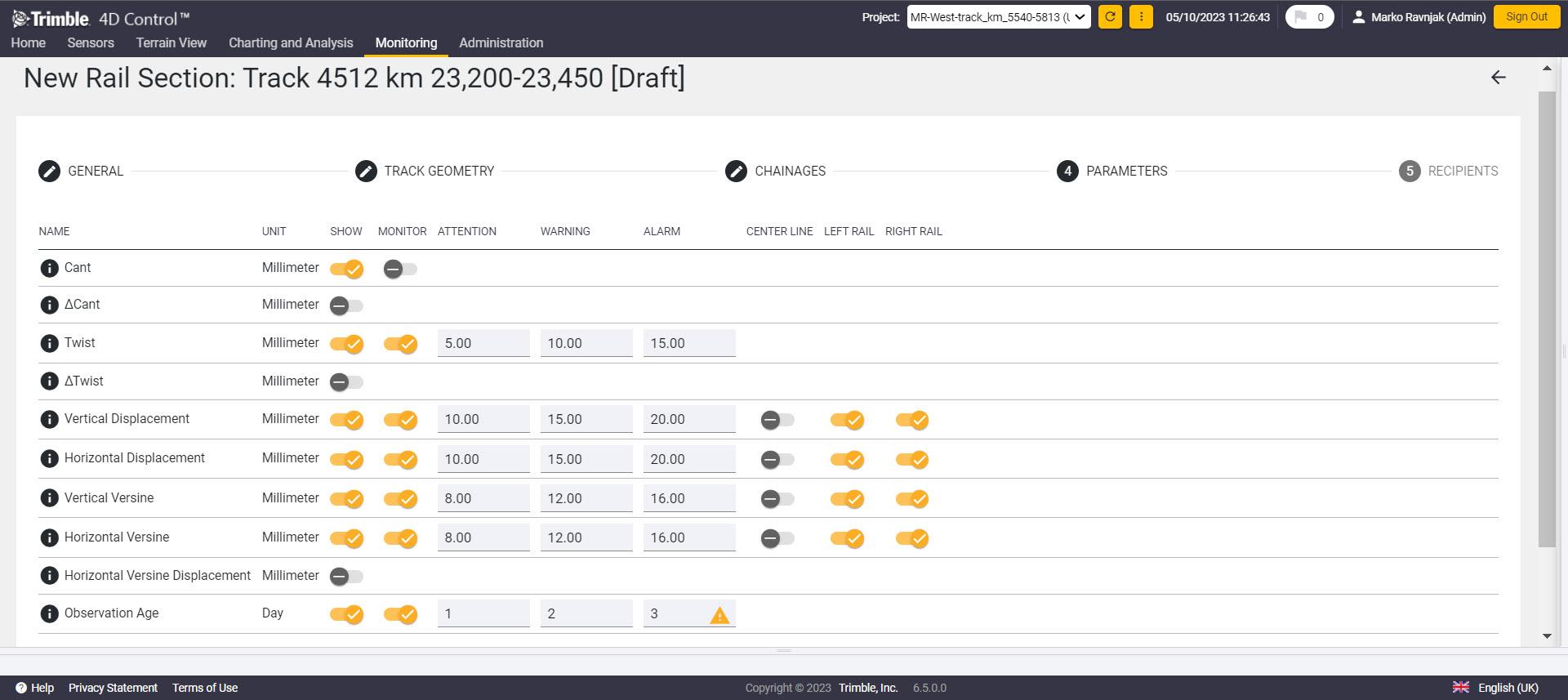 Screenshot of T4D software selecting rail geometry parameters to be monitored