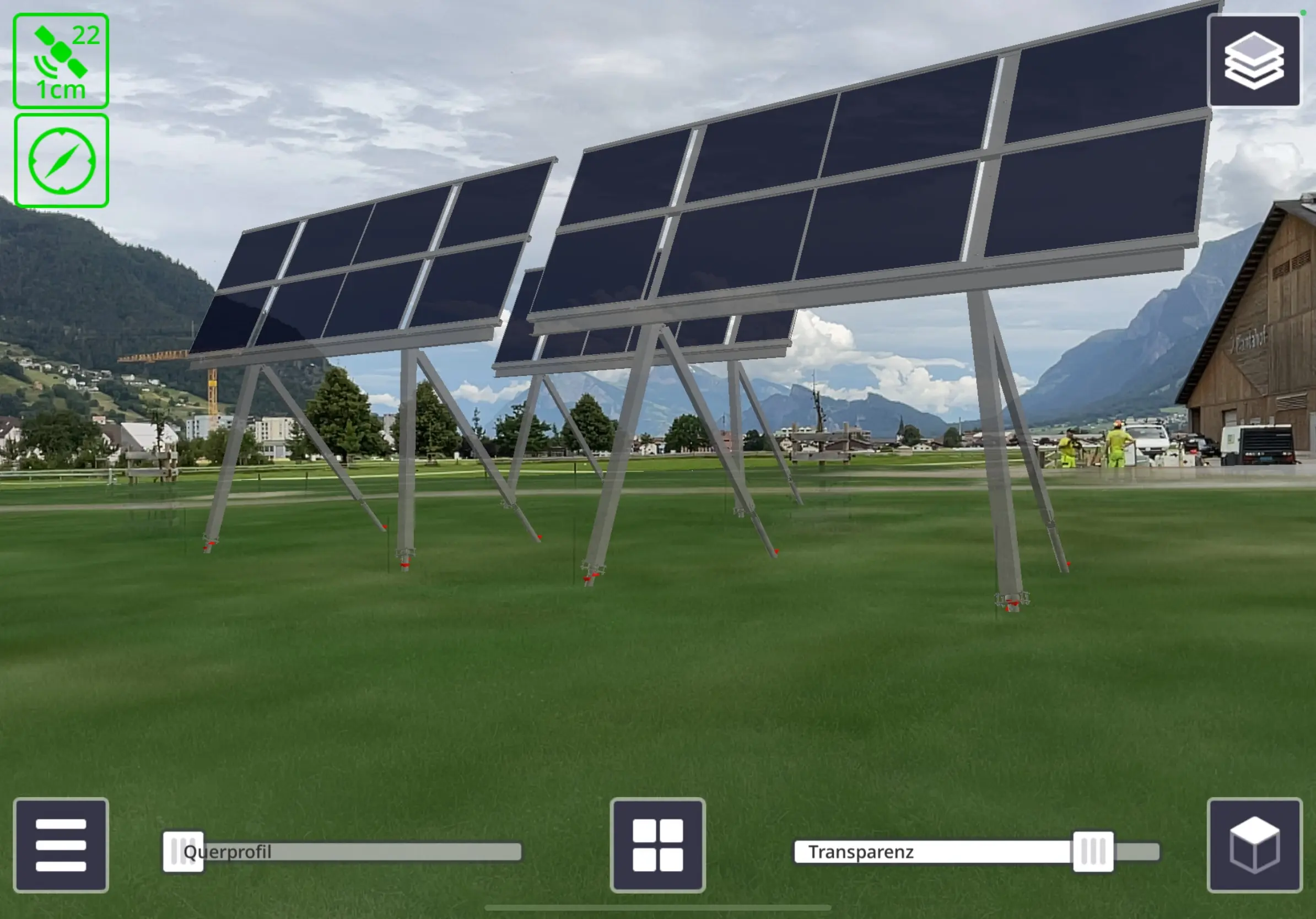 AR app displaying a 3D solar panel array model overlaid on a green field with mountains and a barn in the background.