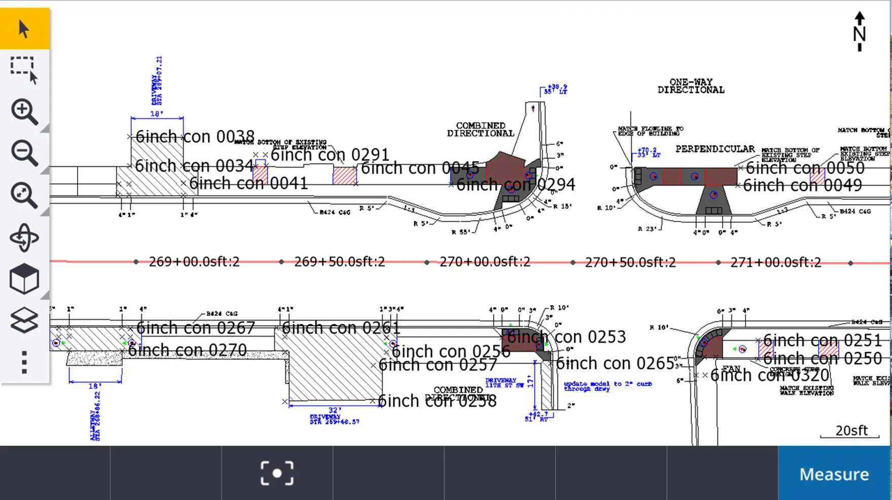 Engineering CAD drawing showing road construction plans with labeled curb components, directional indicators, and measurement annotations.