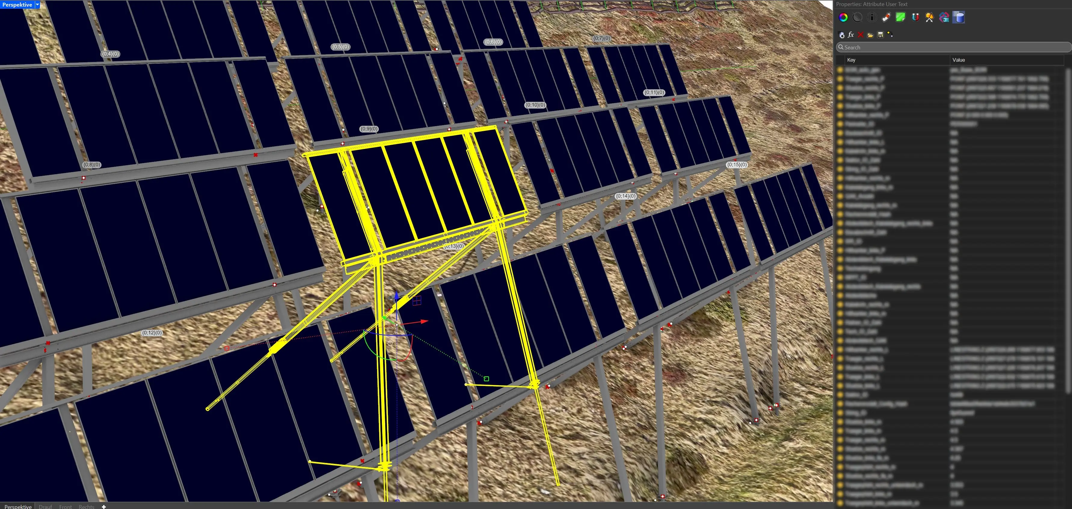 3D CAD software showing a solar panel array with one panel highlighted in yellow, displaying attribute properties on the right panel.