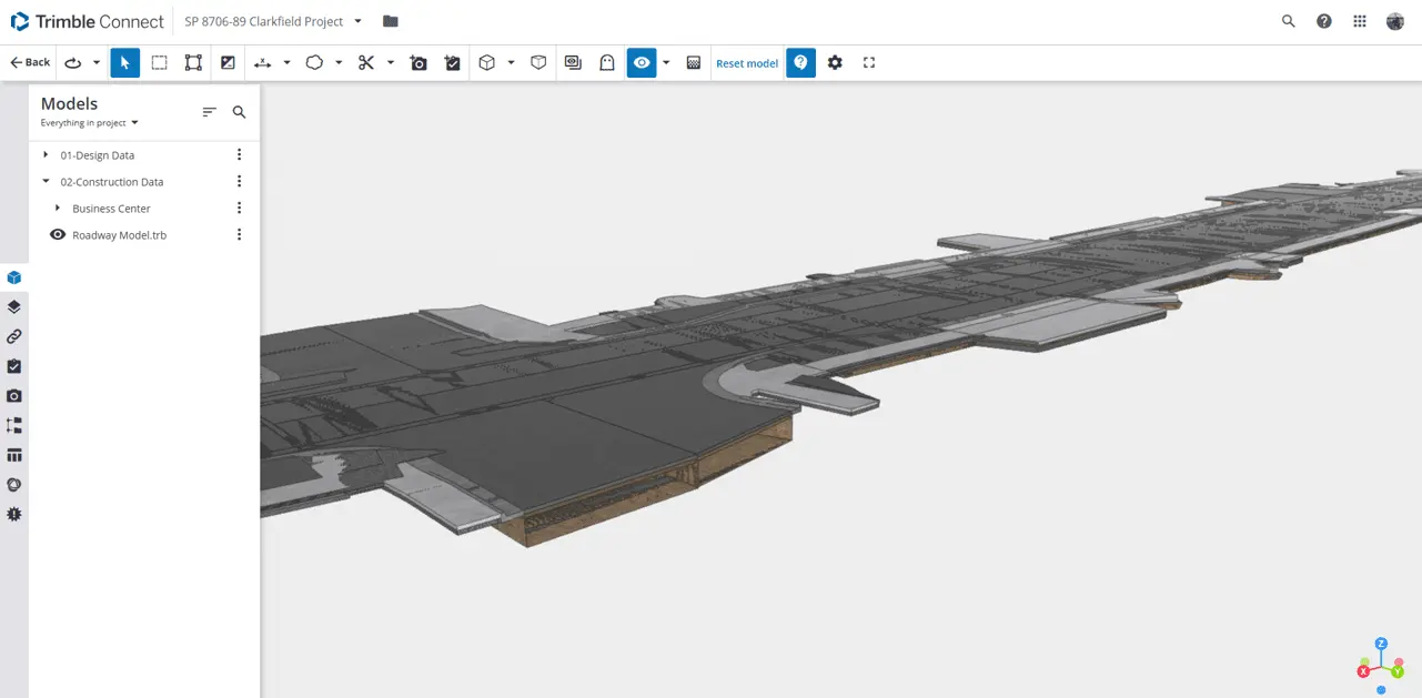 Trimble Connect interface showing a 3D roadway model for the Clarkfield Project with a models panel on the left.